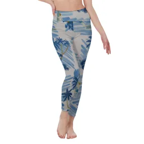 11All-Over Print Women's High Waist Leggings | Side Stitch Closure blue  palm print