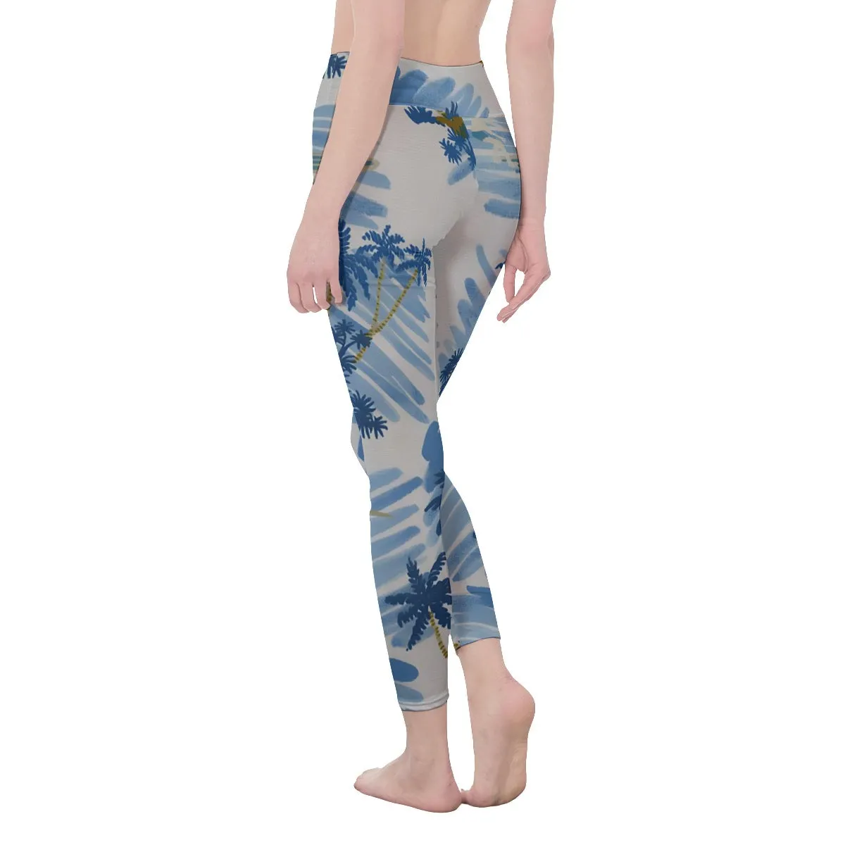 11All-Over Print Women's High Waist Leggings | Side Stitch Closure blue  palm print