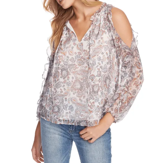 1.state Womens Lyrical Paisley-Ruffled Blouse, Size Large