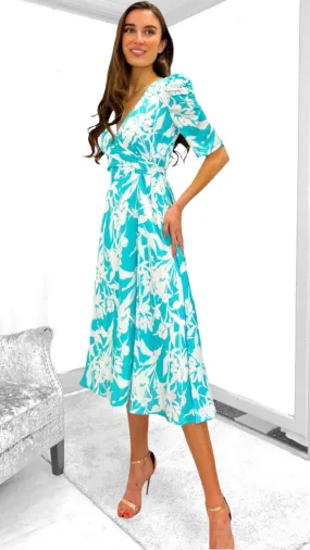 4-9596 Aqua Wrap Look Midi Dress