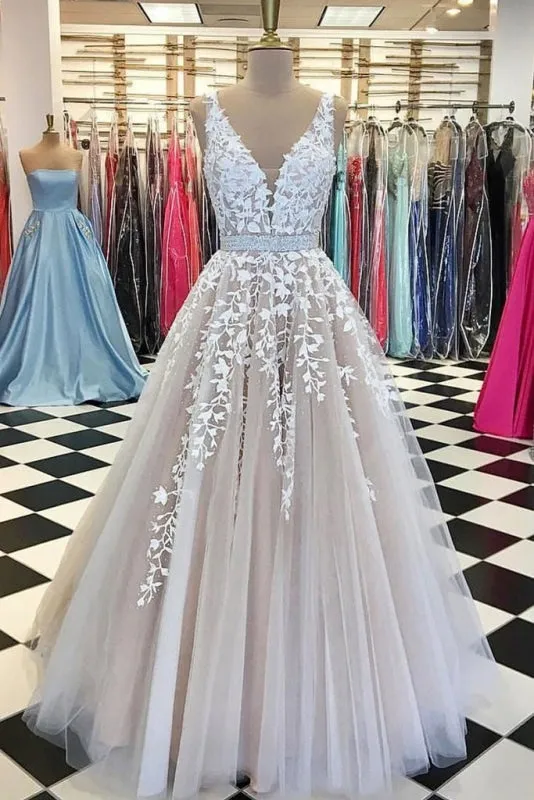 A Line Applique Tulle Prom Long V Neck Sleeveless Party Dress with Beading