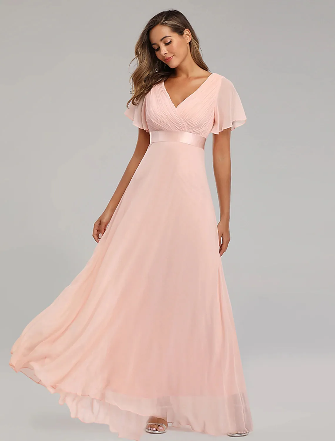 A-Line Prom Dresses Maxi Dress Fall Wedding Guest Dress For Bridesmaid Floor Length Short Sleeve V Neck Chiffon V Back with Ruched Ruffles