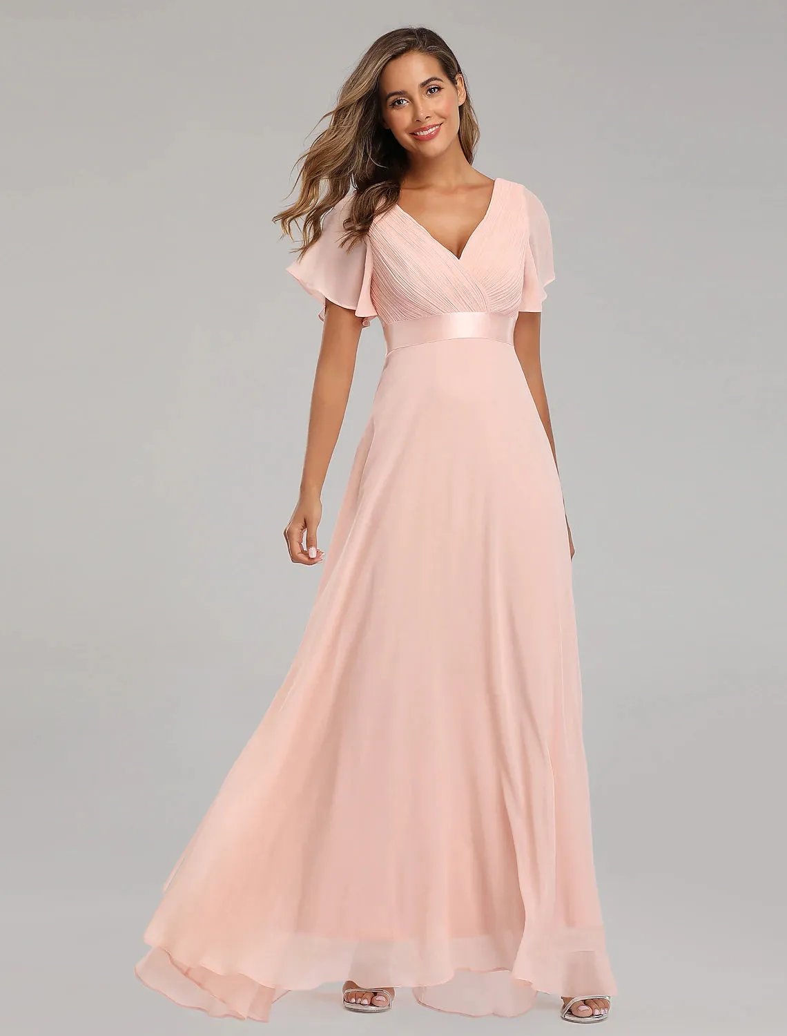 A-Line Prom Dresses Maxi Dress Fall Wedding Guest Dress For Bridesmaid Floor Length Short Sleeve V Neck Chiffon V Back with Ruched Ruffles