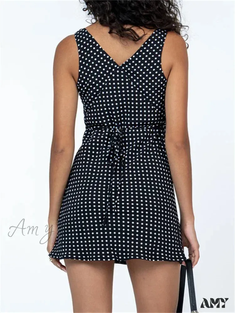 Amy Fashion - Tank Sleeveless Deep V Neck Dot Print Casual Mini Dress