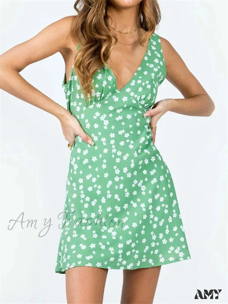 Amy Fashion - Tank Sleeveless Deep V Neck Dot Print Casual Mini Dress