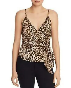 Aqua Sleeveless Leopard-Print Wrap Top, Size Small