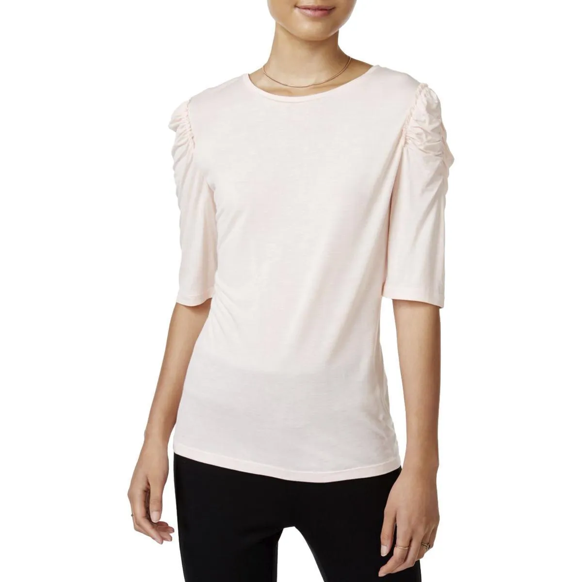 Bar III Women's Crew-Neck Ruched-Shoulder Top, Pink Cloud, M