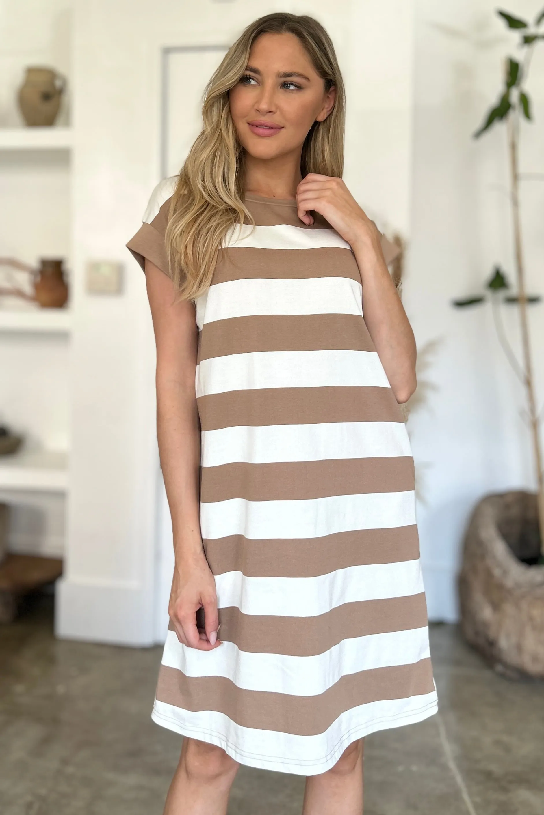 Basic Bae Striped Round Neck Cap Sleeve Mini Dress