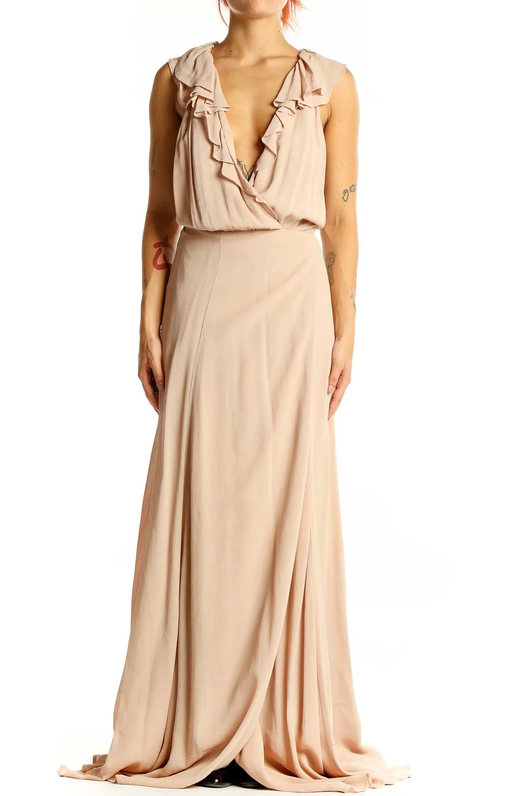 Beige Plunge Neck Evening Dress