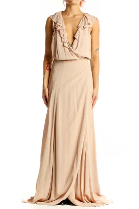 Beige Plunge Neck Evening Dress