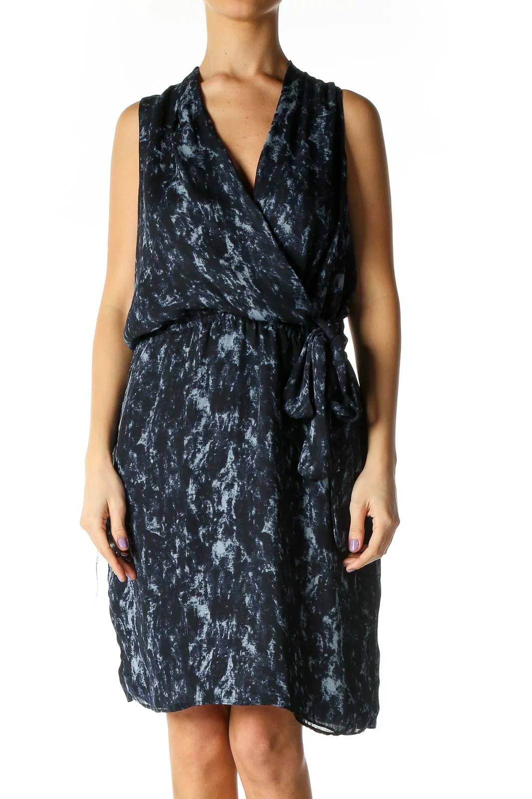 Blue Black Printed Wrap Dress