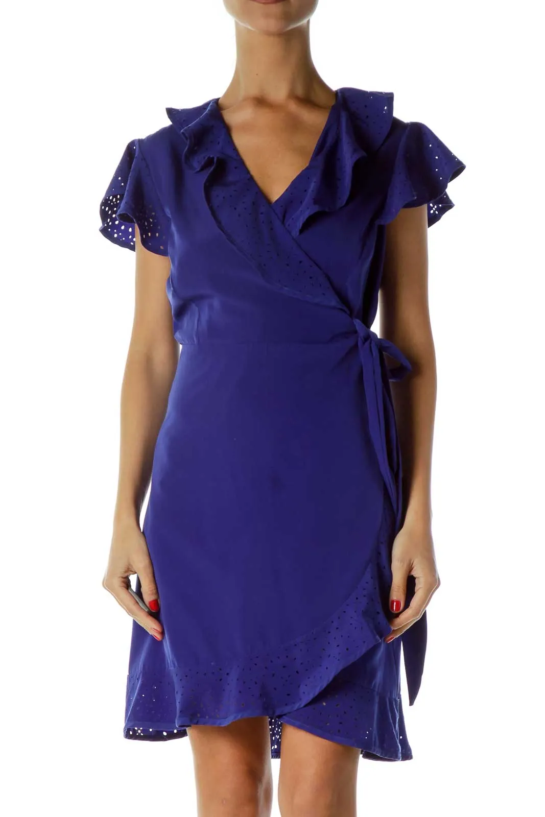 Blue Eyelet Wrap Cocktail Dress