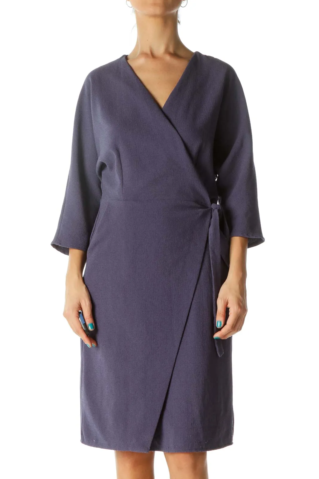 Blue Wrap Textured 3/4 Sleeve Dress