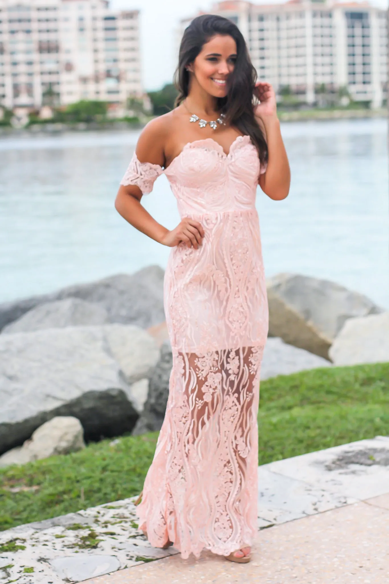 Blush Off Shoulder Embroidered Maxi Dress