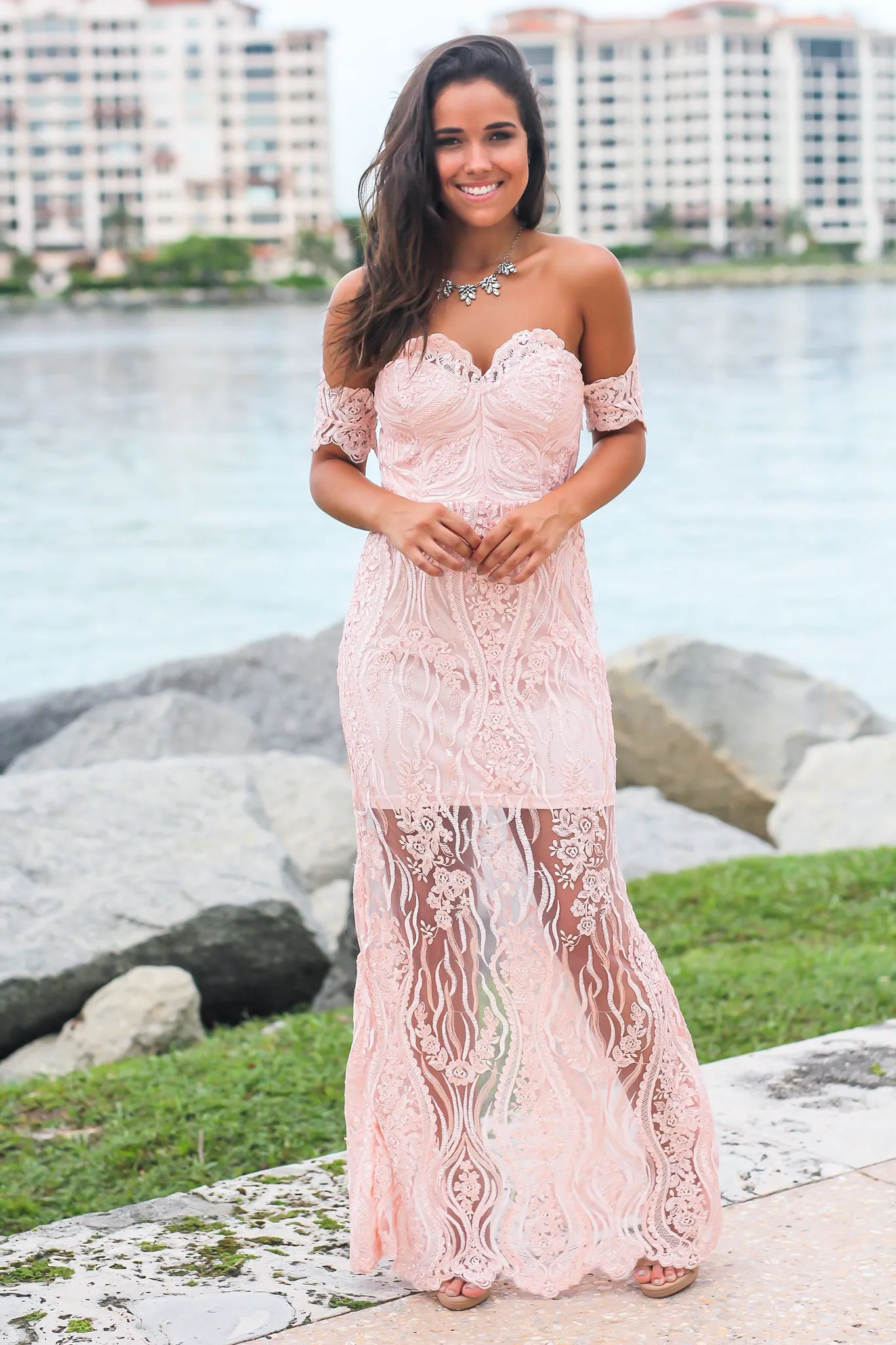 Blush Off Shoulder Embroidered Maxi Dress