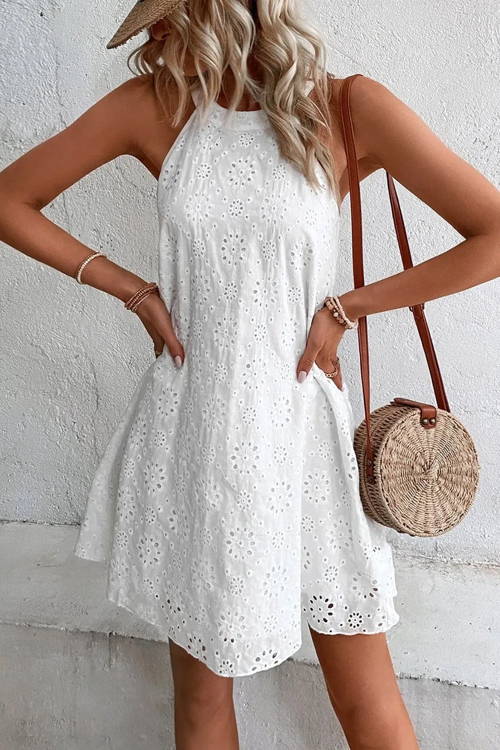 Boho Eyelet Halter Neck Sleeveless Dress