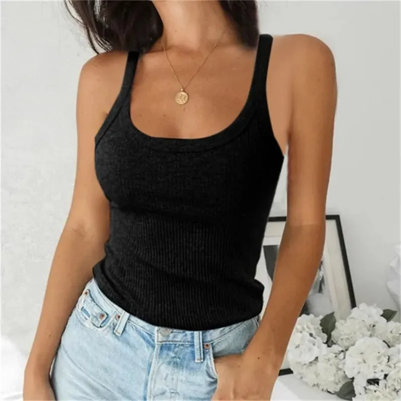 Bonnyshow  Top Women Off Shoulder Ribbed Black Sexy Tank Top O Neck Knit Tank Top Sleeveless Solid   Summer Tops For Women