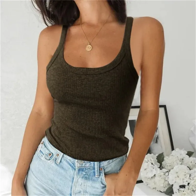 Bonnyshow  Top Women Off Shoulder Ribbed Black Sexy Tank Top O Neck Knit Tank Top Sleeveless Solid   Summer Tops For Women