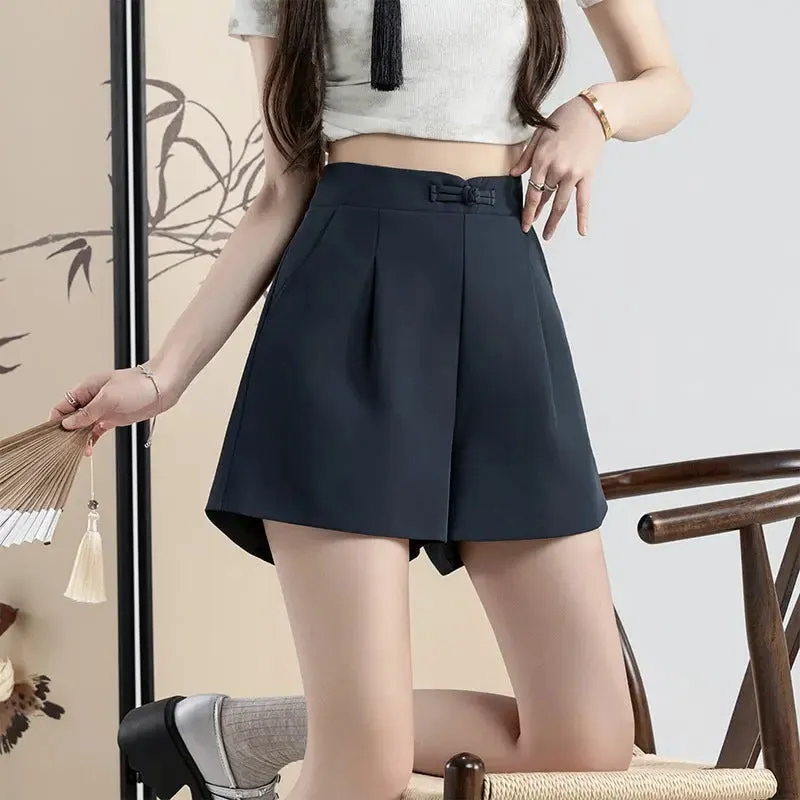 Buckle High Waisted Casual Wide Leg Shorts