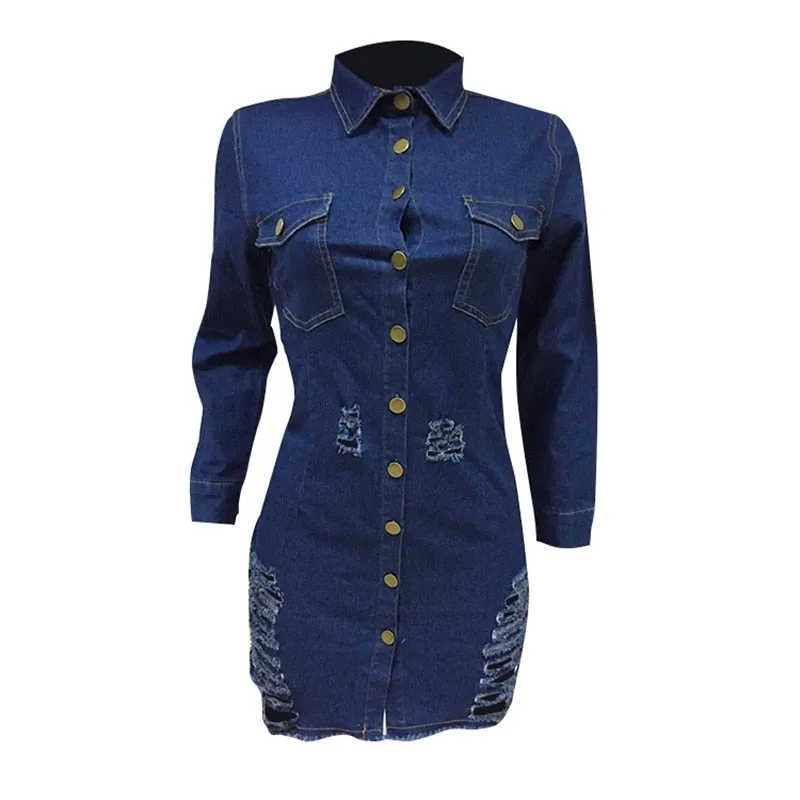 Button Up Turn Down Collar Long Sleeve Ripped Denim Mini Dress