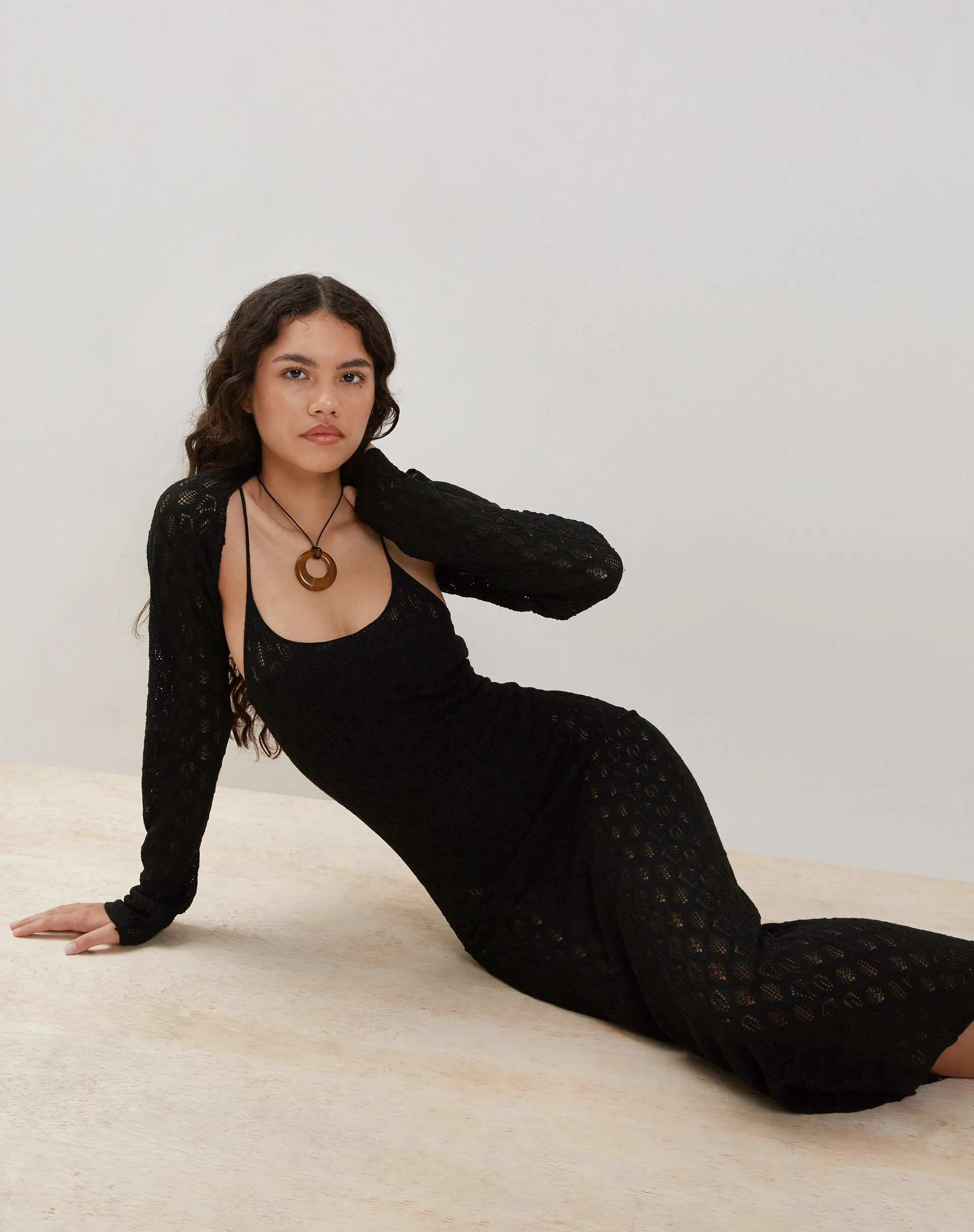 Caroline Strappy Maxi Dress in Mesh Black