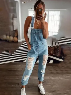 Casual commuting ripped mid-waist Denim Jumpsuit