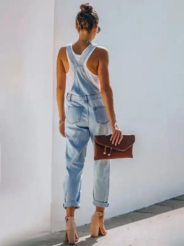 Casual commuting ripped mid-waist Denim Jumpsuit