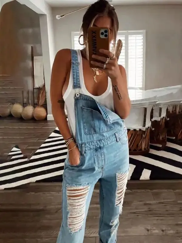 Casual commuting ripped mid-waist Denim Jumpsuit