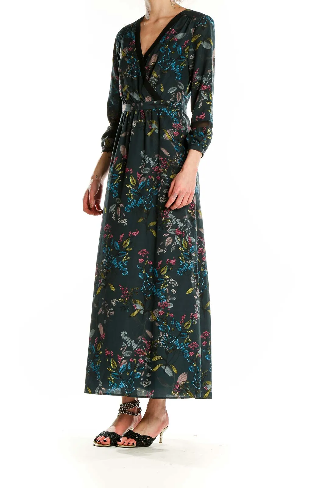 Dark Green Floral Maxi Wrap Dress