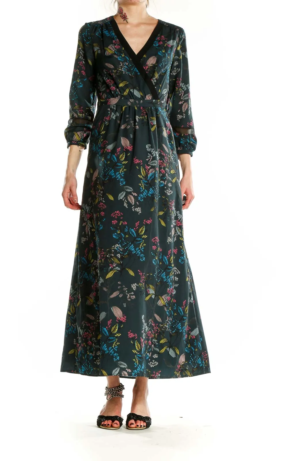 Dark Green Floral Maxi Wrap Dress