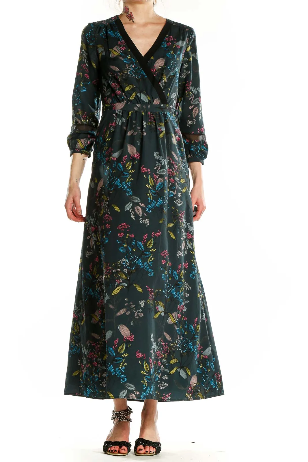 Dark Green Floral Maxi Wrap Dress