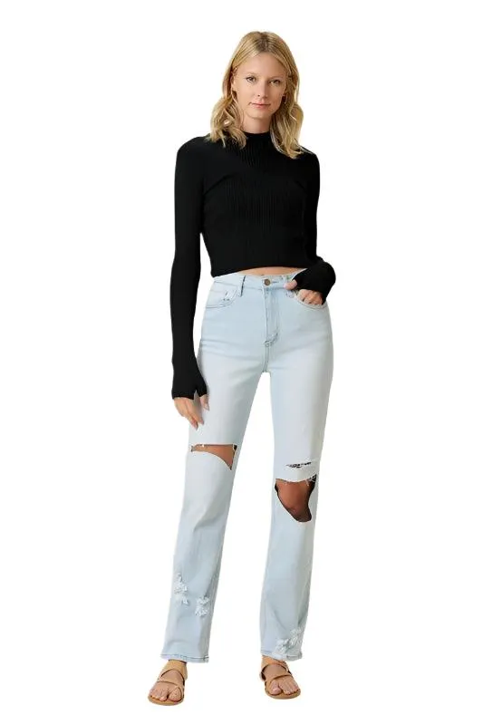 Distressed Wide Leg Jeans Light Blue Womens