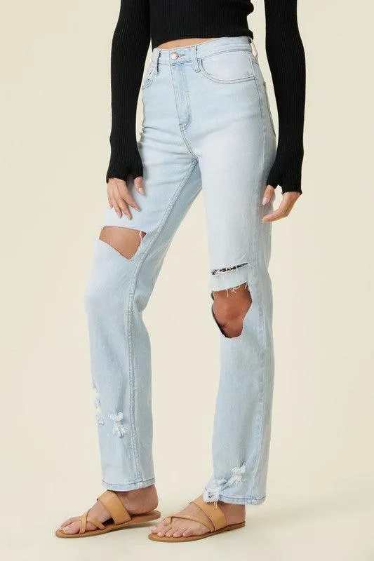 Distressed Wide Leg Jeans Light Blue Womens