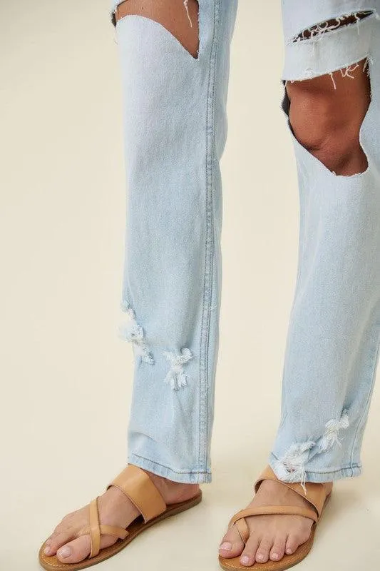 Distressed Wide Leg Jeans Light Blue Womens