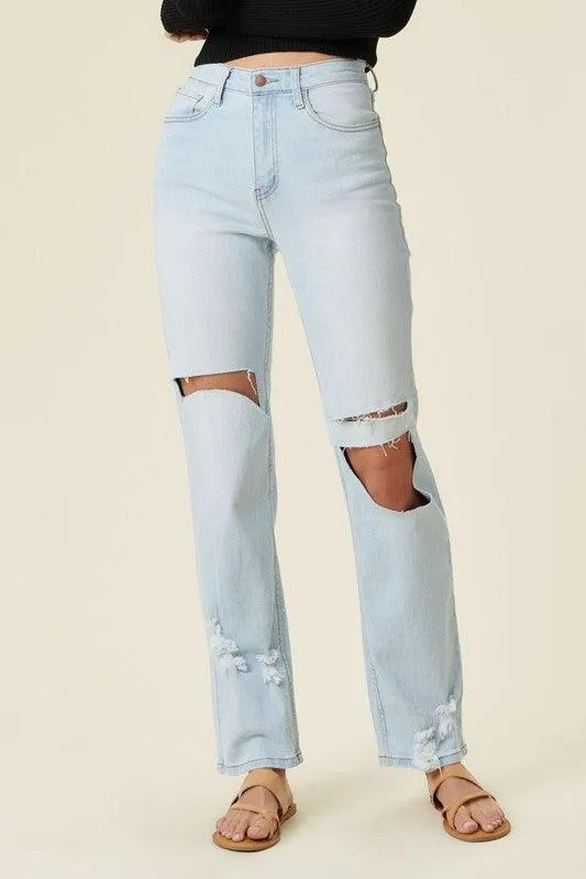 Distressed Wide Leg Jeans Light Blue Womens