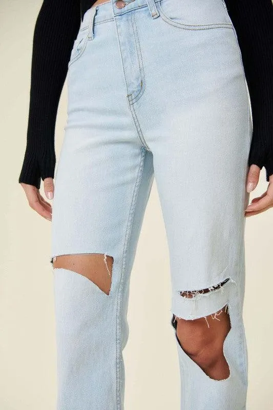 Distressed Wide Leg Jeans Light Blue Womens