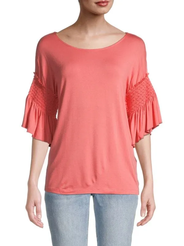 DKNY Coral bead smocked top with flare sleeves