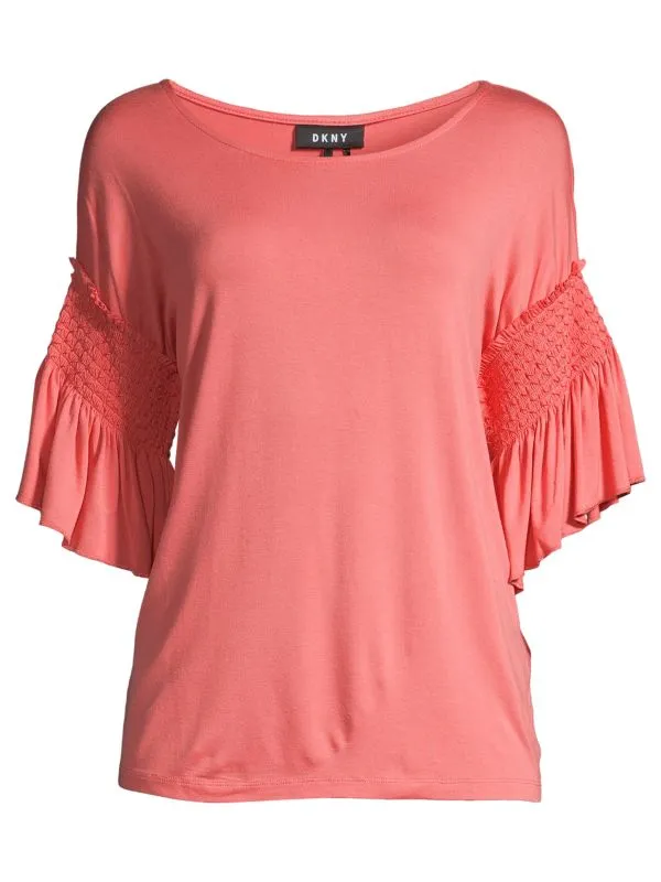 DKNY Coral bead smocked top with flare sleeves