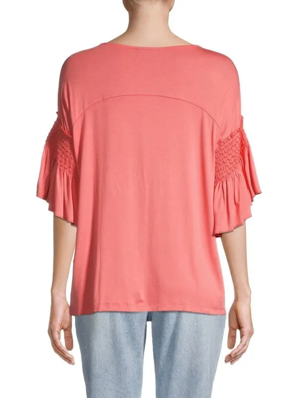 DKNY Coral bead smocked top with flare sleeves