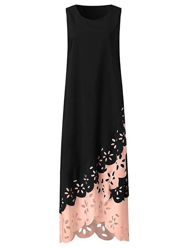 Dunnmall Women's A-Line Dress Maxi long Dress - Sleeveless Floral Hole Summer U Neck Plus Size Hot Casual vacation dresses 2020 White Purple Blushing Pink Gold Light Blue S M L XL XXL 3XL 4XL 5XL