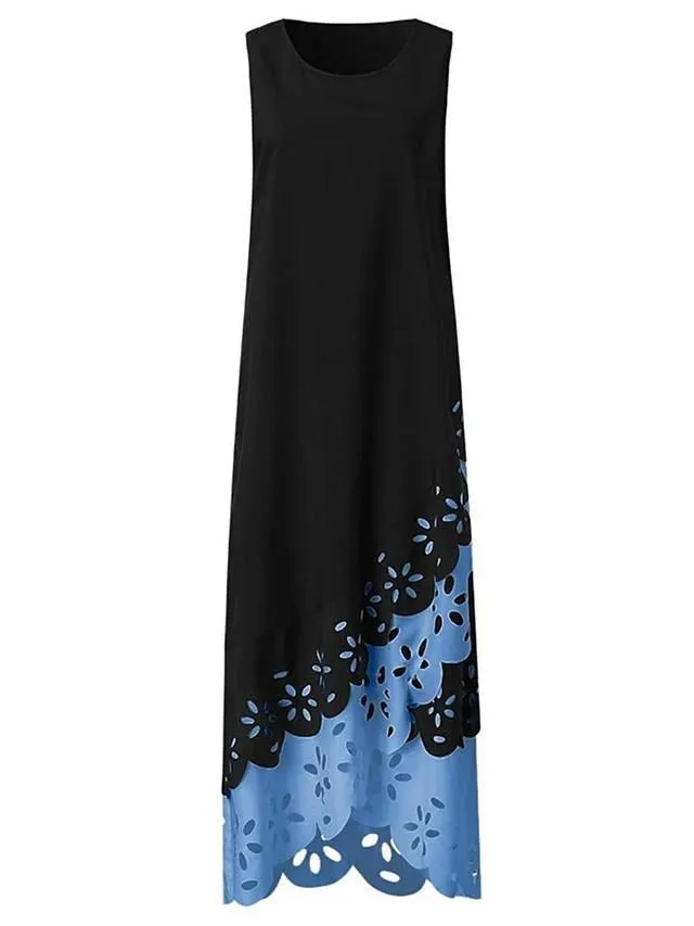 Dunnmall Women's A-Line Dress Maxi long Dress - Sleeveless Floral Hole Summer U Neck Plus Size Hot Casual vacation dresses 2020 White Purple Blushing Pink Gold Light Blue S M L XL XXL 3XL 4XL 5XL