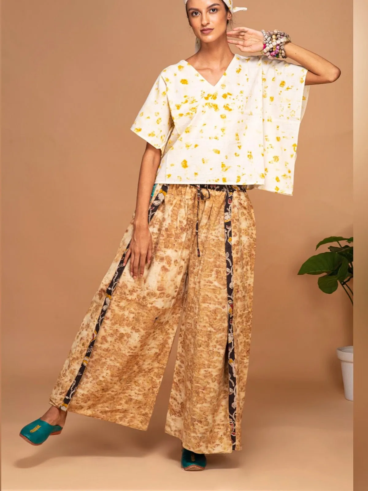 Ecoprinted Handwoven Kimono Crop Top White & Yellow