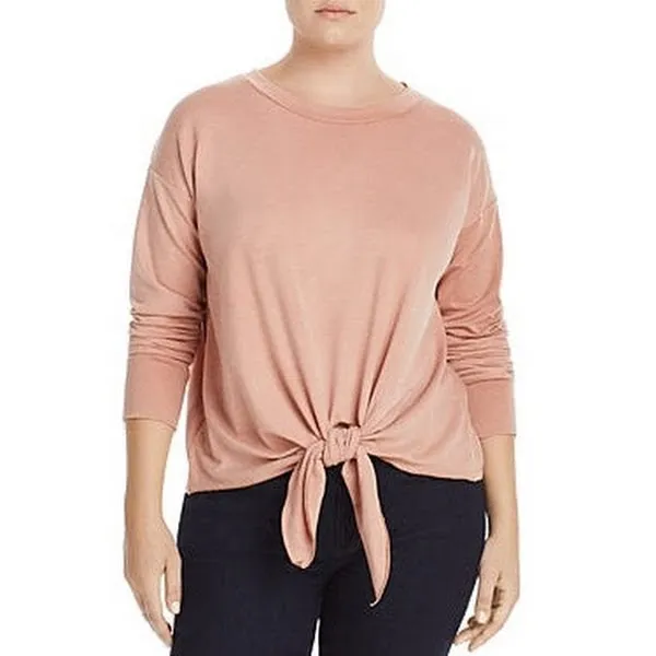 Elan Women's Plus Tie Front Crew Neck Pullover Top