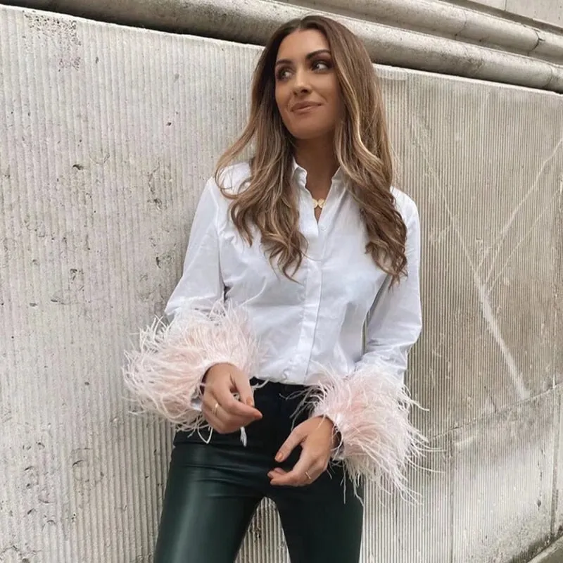 Fashionkova   White Shirt Patchwork Cuff Green Furry Feather Women 2022 Spring Long Sleeve Vintage Chic Loose Blouse Elegant Button Top Casual