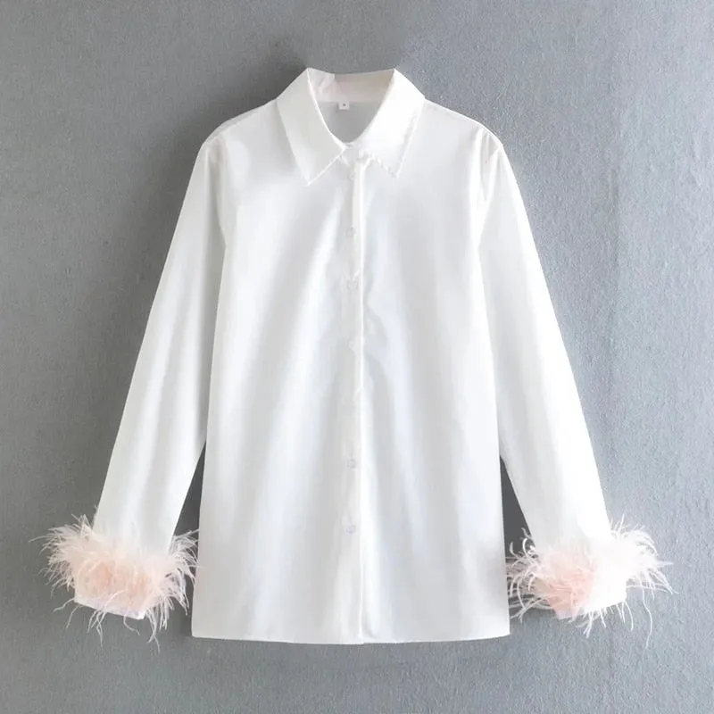 Fashionkova   White Shirt Patchwork Cuff Green Furry Feather Women 2022 Spring Long Sleeve Vintage Chic Loose Blouse Elegant Button Top Casual