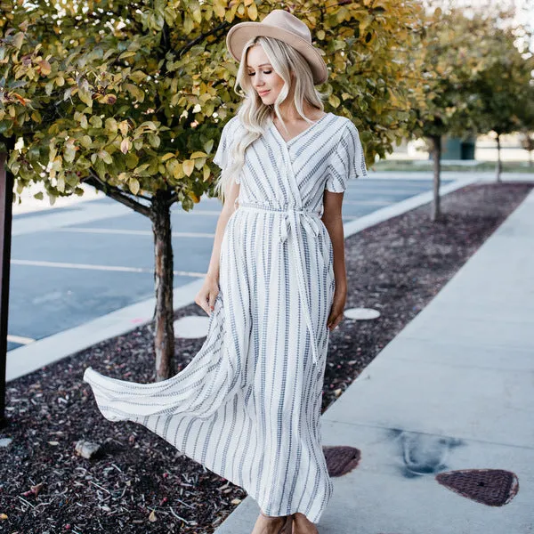 Faux Wrap Maxi Dress: Ivory Geometric Print