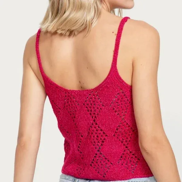 Free People Women’s Glisten Crochet Knit Cami Tank Top Love Potion Pink, Large