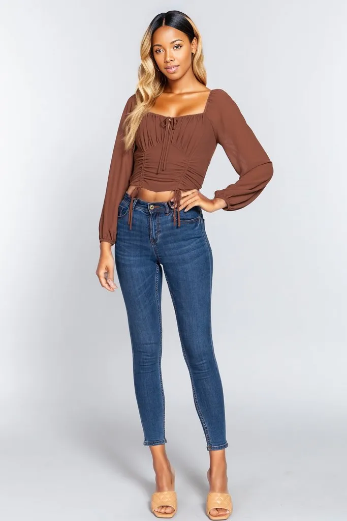 Front Tied Ruched Detail Long Sleeve Top