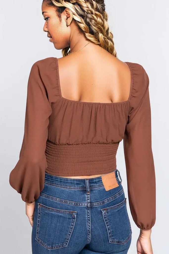 Front Tied Ruched Detail Long Sleeve Top