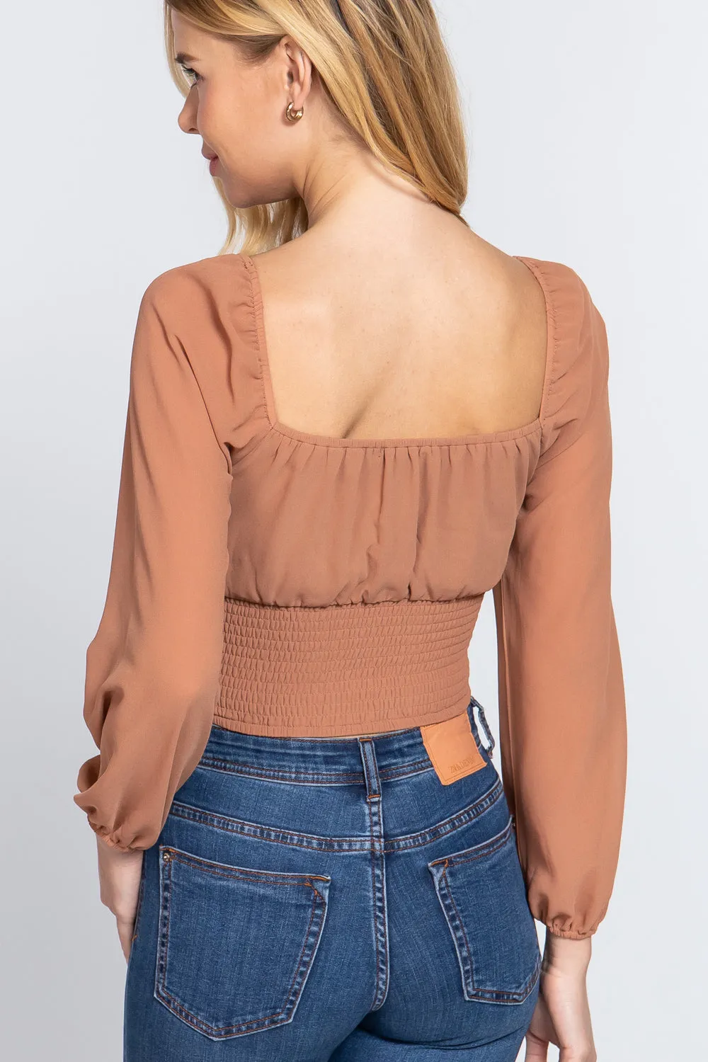 Front Tied Ruched Detail Long Sleeve Top